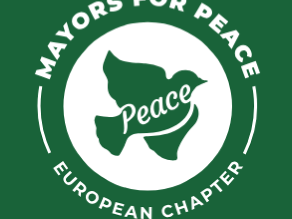 Vlag Mayors for Peace wordt opgehangen